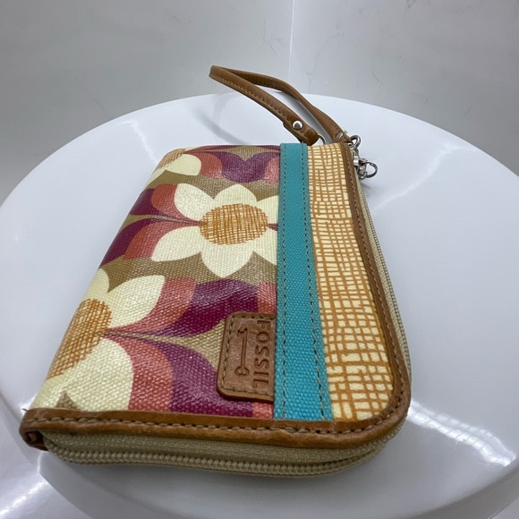 FOSSIL KeyPer Multicolor Floral Coated Canvas Brown Leather Wristlet Wallet - Picture 3 of 8